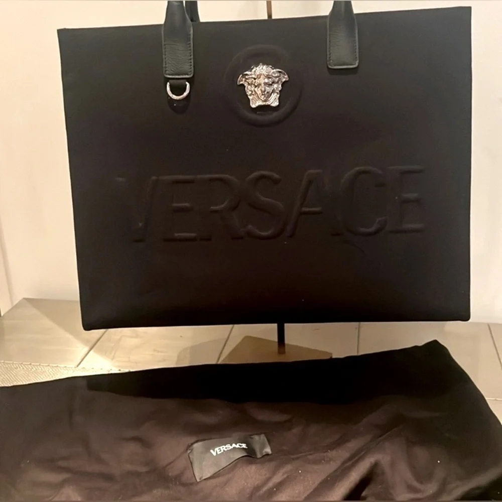 VERSACE Black Large Tote Bag w/Silver Medusa and Branded Dust Bag, EUC